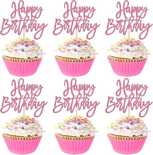24 Stück Geburtstag Kuchen Deko Glitzer Happy Birthday Cupcake Toppers Geburtstag Tortendeko Gute zum Geburtstag Kuchen Deko für Geburtstag Jahrestag Thema Party Kuchen Dekorationen Rosa
