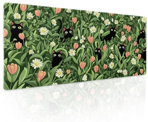 Kawaii Green Plant Gaming Mouse Pad XL Cute Black Cat Flower Cottagecore Extended Big Large Desk Mat Non-Slip Rubber Base Stitched Edge Long Keyboard Mousepad for PC Computer Laptop,31.5×11.8 in