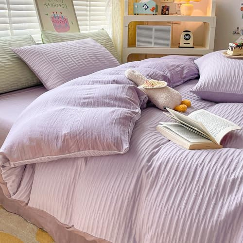 Seersucker Duvet Cover Set King Size Beddding Set with Pillowcases for Teens Adults Soft Microfiber Polyester Seersucker Bedding, Lilac, 230x220cm