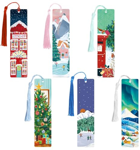 BETESSIN Lesezeichen Weihnachten - 6 Stück Papier Lesezeichen mit Weihnachtsmotiv und Quasten - Mitgebsel Weihnachten Kinder - Kleine Geschenke für Kinder zu Weihnachten