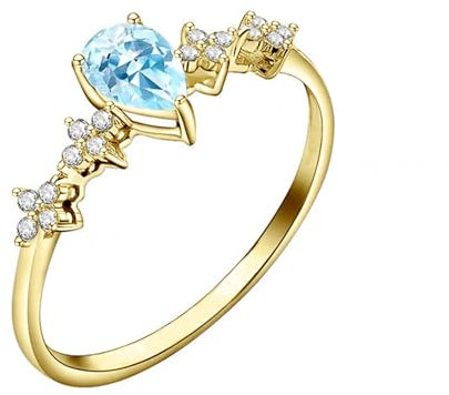 Whoiy Gold Ringe Damen 375, Hochzeit Ringe 9 Karat Echtgold Aquamarin Verlobungsringe Tropfenform Bandring mit Moissanit für Frauen Gr. 58 (18.5)