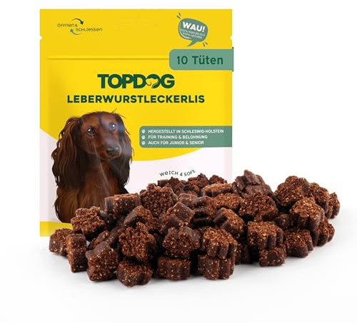 Topdog Leberwurst Leckerli für Hunde - 10 x 80g Kleine Happen - 100% Natürlich Ohne Zusatzstoffe - Ideales Hundeleckerli als Belohnung oder für das Training