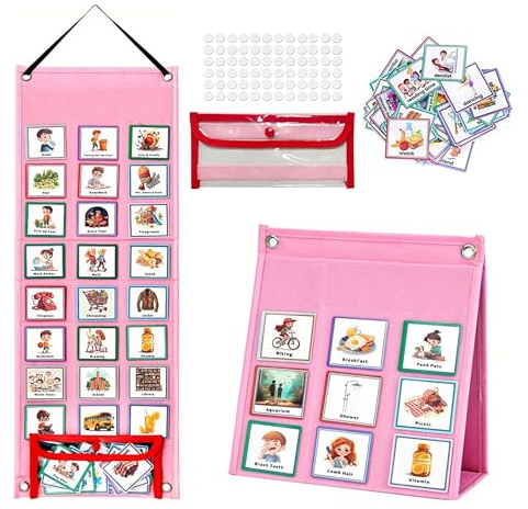 Visual Timetable, Children Visual Daily Routine Chart with 96 Picture Cards, Visual Now and Next Board Learning Aid Tool to Support Communication, Routine and Transition(Pink)