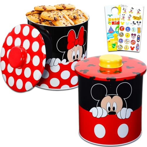 Disney Mickey und Minnie Keksdosen-Set – Bundle mit 2 Micky Maus und Minnie Maus Blechdosen mit Deckel für Snacks, Kekse, Badezimmer-Essentials, mehr plus Aufkleber, Küchenzubehör