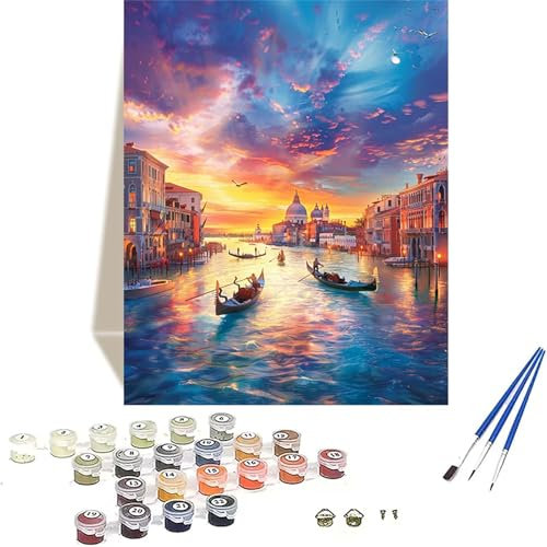 Malen Nach Zahlen Sonnenuntergang, Venedig Malen Nach Zahlen Erwachsene, DIY Paint by Numbers Handgemalt Ölgemälde mit Pinseln und Acrylpigment für Wand Zimmer Deko, Geschenke für Frauen 50x65CM S-W