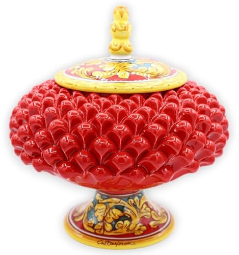 SICILIA BEDDA CAPACI Biscottiera Pigna con Gambo in Ceramica Caltagirone, h 30 x Ø 25 cm ca. Rosso, Decoro Barocco