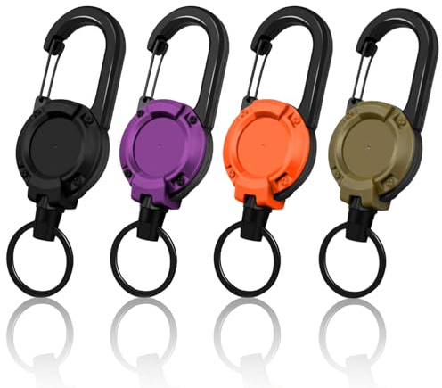 Schlüsselanhänger Ausziehbar 4 Stück Mit 64cm Stahldrahtseil, Ausweishalter Ausziehbar mit Karabiner, Einziehbarer Schlüsselanhänger für Diverse Ausweise und Karten Schwarz+Lila+Orange＋Grün