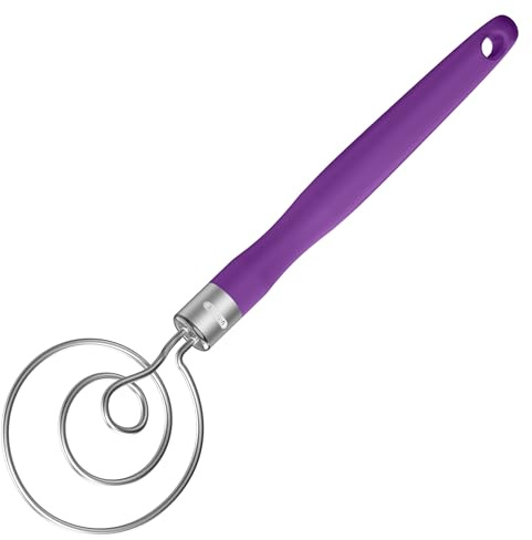 U-Taste Danish Dough Whisk: 18/8 Stainless Steel Hand Sourdough Mixer, Food Grade Bread Dutch Wisk with Non-Slip Silicone Handle for Mixing Stirring Kneading Butter Sauce Mashed Potato (Purple)
