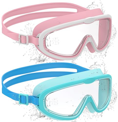 Ambienden 2 st barn simglasögon, anti-dimma med klar syn, UV-skydd, silikontätning, stor ram unisex simglasögon för barn från 6 till 14 år, rosa och vit cyan blå