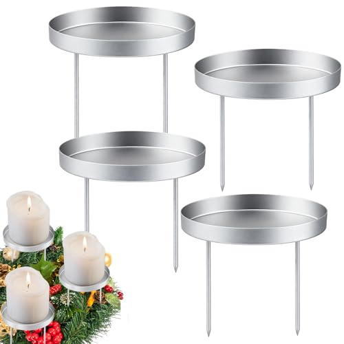 Metall Kerzenständer Weihnachten Kommunionkerze Kerzenhalter für Stabkerzen Adventskranz Taufkerze Adventskerzen 4er Set Kerzenteller mit Dorn Stumpenkerzenhalter Homeoffice Deko(Silber, Scheibe (2))