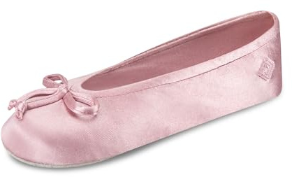 isotoner Women's Satin Ballerina Slippers with Soft Tie Bow and Suede Sole, Dark Orchid, SM