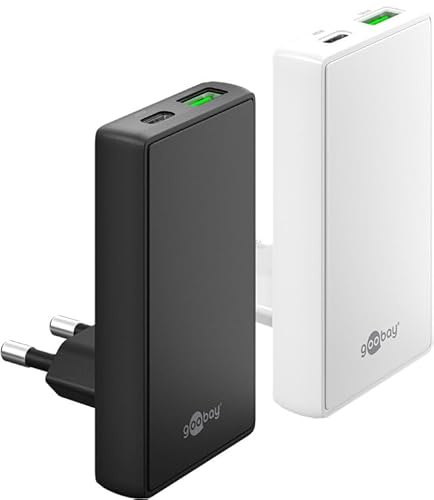 goobay 45 W GAN USB C-laddare, snabbladdare med dubbla portar (USB-C och USB-A): 90° platt design, ultratunn och utrymmesbesparande, för Apple, Samsung, Huawei samt surfplattor, svart