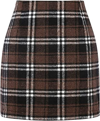 WINKEEY Mini Jupe Femme Crayon Écossaise Jupe Court Haute Taille Bodycon pour Automne/Hiver, Café Foncé XXL