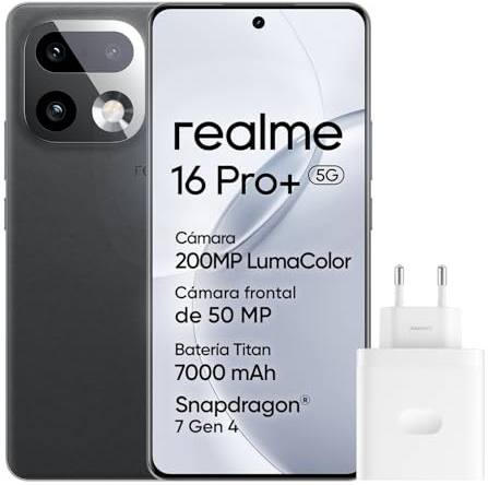 realme 16 Pro+ 5G Smartphone, 12+512GB, Cámara 200MP OIS, Lente Retrato 50MP, Batería 7000mAh, Pantalla Curva 6,8 144Hz, Carga 80W, Funciones IA, Dual SIM, Gris(con Adaptador)