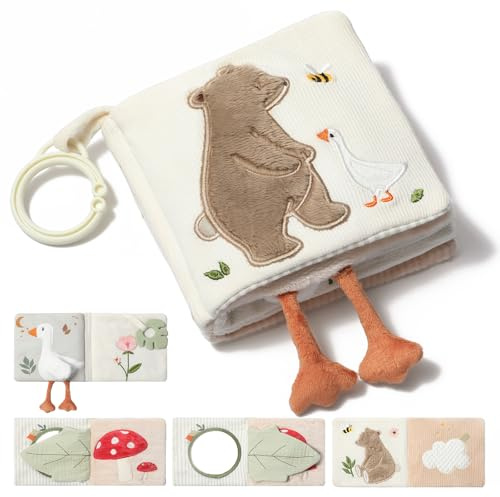 let's make Baby sensorisk tygbok babyleksak från 0 3 6 12 månader – interaktiv känslobok, knastrande bok med spegel, skallra, barnvagnsleksak baby present pojke flicka (björntygbok)
