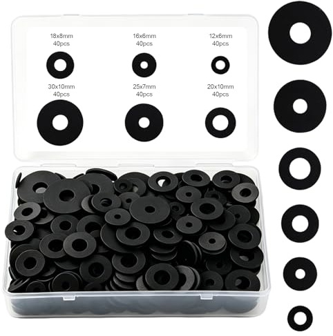 240 Stück Gummi Unterlegscheiben, Sicherungsscheibe Sortiment Befestigungen | 6 Durchmesser 12mm 16mm 18mm 20mm 25mm 30mm Flach Unterlegscheiben Nylon Fläche Scheibe Runde Distanzscheibe Beilagscheiben