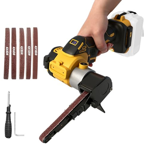 Lijadora de banda inalámbrica compatible con batería Dewalt de 20 V, amoladora de banda ajustable de 0 a 13000 rpm, 360° sin escobillas con 20 bandas de lijado para madera, metal y plástico (amarillo