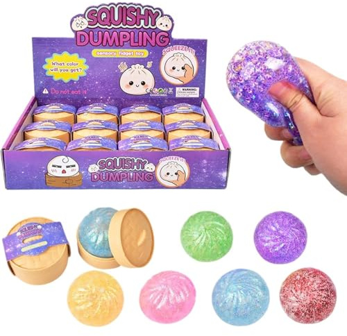 Glitter Dumpling Squish-y | 12 st Squish-y Squeeze Dumplings Bullar med Steamer, Färgglada Squishies Dumplings Stressbollar Leksaker, Mjuk Squeeze Dekompressionsdeg för födelsedagspresenter