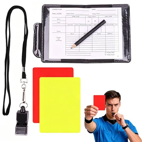 JOVYTH Kit Arbitro Calcio 5 Pezzi, Fischietto Di Qualità Con Cordino, Cartellino Rosso Giallo, Taccuino E Matita Per Sport Scolastico, Allenamento