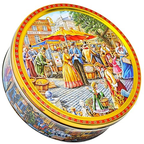 Jacobsens of Denmark Tiramisu with Dark Chocolate Chips Cookies in Embossed Market Square Art Tin 454g - Biscuit Tin Gift for Women, Men & Kids
