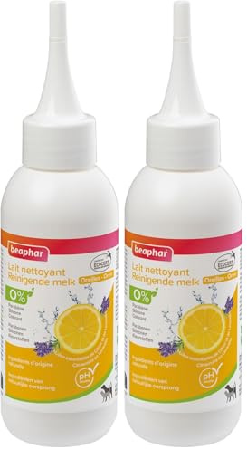 Beaphar – Lait Nettoyant Oreilles Éco-certifié pour Chien et Chat – Contient de l'Aloe Vera et des huiles essentielles de Citron et Lavandin Bio – pH Neutre – Prêt à l'emploi – 100 ML (Lot de 2)
