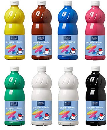 Lefranc Bourgeois 188372 flüssig Tempera Redimix Kinderfarbe, gebrauchsfertige Tempera - Gouachefarbe, 8 Farben Set a 1000ml Flaschen - Primärfarben