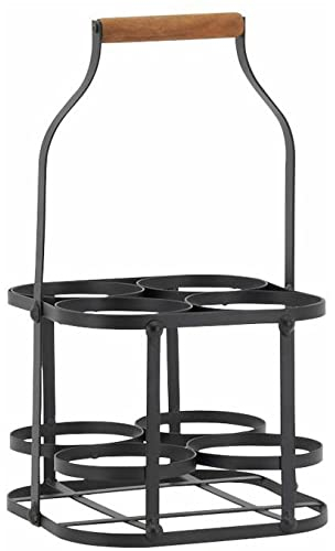 AUBRY GASPARD - Panier Bouteilles en Métal et Bois - 4 Bouteilles - 23 x 22 x 37 cm - Réceptacle Ø 10.2 cm - Poignée Bois - Pratique pour Transport et Rangement - Livré Monté - Noir Naturel