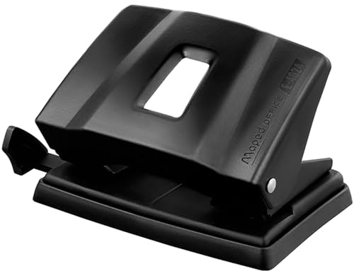 Maped - Perforadora de Papel - Essentials Metal 20/25 Hojas con 2 Agujeros- Agujeador de Papel con Regleta Multi Formatos - Tapa para Vaciar Confetis - Distancia de 80 mm entre Anillas - Color Negro