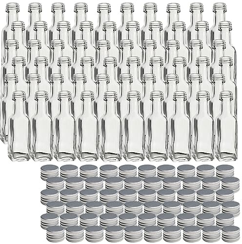 gouveo 60er Set Glasflaschen 20 ml Maraska mit Schraubverschluss silberfarben - Mini Flasche 0,02 l zum Befüllen - Glasfläschchen für Likör, Schnaps, Öl oder zum Basteln (MFET020S)