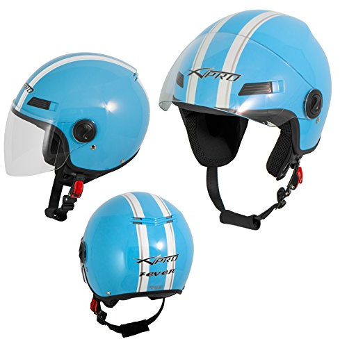 Casque avec Moto Scooter Quad Jet Visiere ECE 22-06 Bleu Clair M
