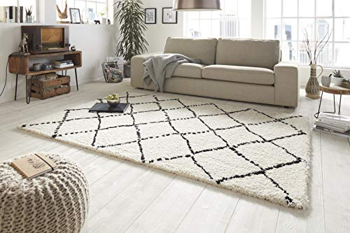 MINT RUGS Allure High Pile Living Room Rug Soft Fluffy Long Pile Shaggy Flokati Diamond Pattern for Living Room Kitchen Hallway or Bedroom Cream Black 80 x 150 cm