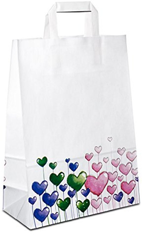 100 x Papiertüten Motiv: Herzen 26+12x35 cm | Papiertragetaschen mit Henkel | Kraftpapiertüten | Papiertaschen mittel | HUTNER