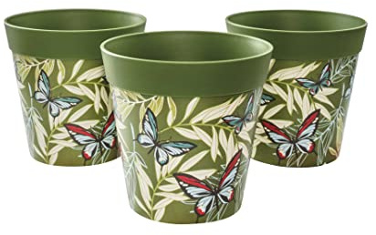 Hum Flowerpots, 15cm, 3 stycken, olika mönster, färger och storlekar, blomkrukor i plast för inomhus- och utomhusbruk, Gröna fjärilar