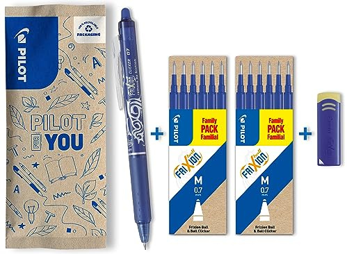 PILOT - Pack of 1 FriXion Ball Clicker 0,7 - Erasable pen - Medium - Blue + 2 * Set of 6 Refill Blue + Remover