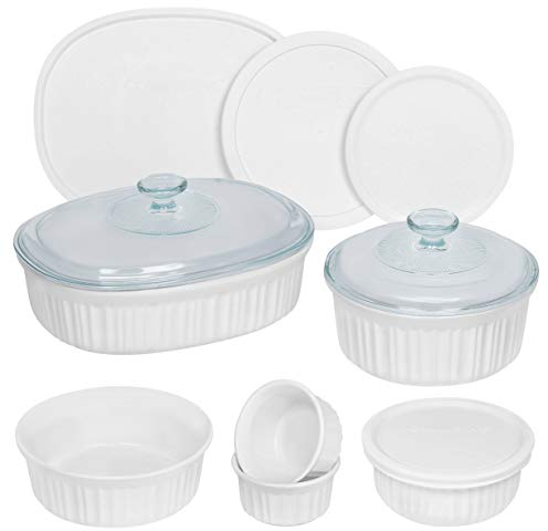 CorningWare French White Round and Oval Ceramic Bakeware, Glass, French White