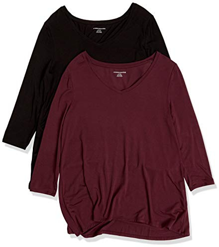 Amazon Essentials Camiseta de Manga 3/4 con Cuello en Pico (Disponible en Tallas Grandes) Mujer, Pack de 2
