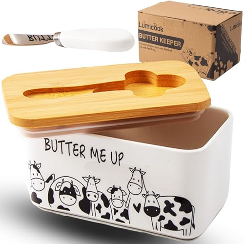 Lumicook - Mantequera de porcelana con tapa, tapa de bambú natural, sello incluido para mantequilla hermética, soporte para mantequilla se adapta fácilmente a 2 barras de mantequilla