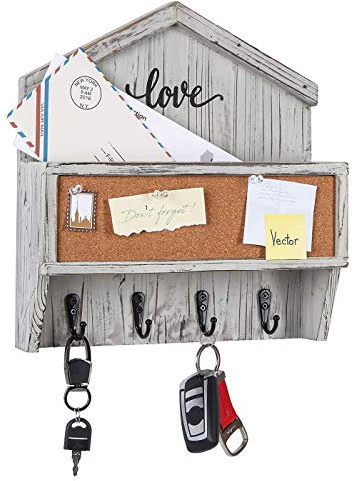 J JACKCUBE DESIGN Wall Mounted Rustic White Wash Mail and Key Holder, Wooden Floating Organiser with Mail Storage, 4 Key Holders and Pin Board for Entryway, Mud Room, Living Room, Office-MK623A