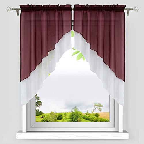 HeichkelL Scheibengardinen Bogen, Weinrot BxH 80x80 cm (Jedes Stück) | Voile Gardinen Set 2-Teilige, Kleinfenster Vorhang, Tunnelzug Kurzstores, Doppelschichtige Küchengardinen
