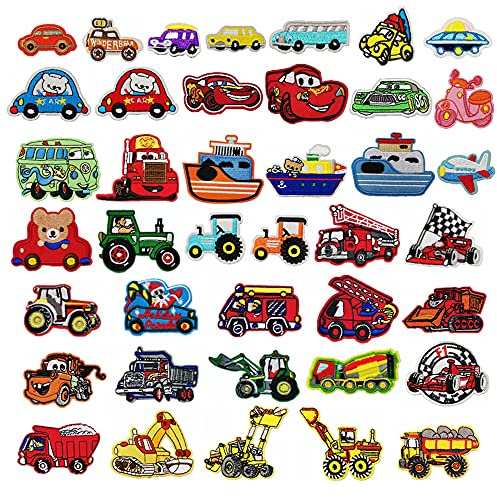 Woohome 40 Stück Aufnäher zum Aufbügeln, Rennwagen, Feuerwehrauto, Auto, Aufbügler, Patch zum Aufbügeln, für Kleidung, T-Shirt, Jeans, Jacke