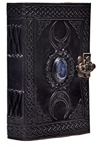 3 Moon Blue Lapis Embossed Vintage Leather Journal | 240 Pages of Antique Handmade Deckle Edge Vintage Paper, Leather Sketchbook, Drawing Journal, Great Gift (5 by 7 inch, black)