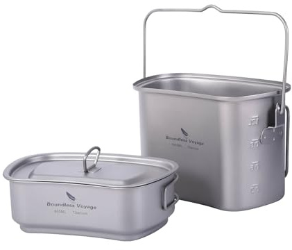 iBasingo Titan Kantine Becher Set 1500ml 600ml Outdoor Camping Kochgeschirr Tragbares Ultraleicht Kochset mit Deckel & Hänge Klappgriffen Ti2059C