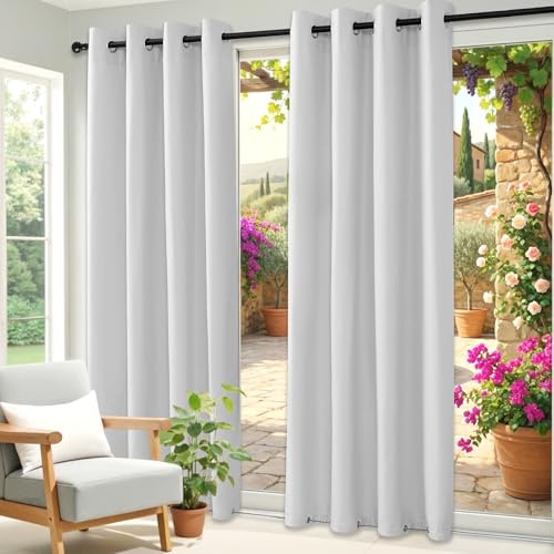 Clothink Outdoor Vorhang Wetterfest Mit Ösen Oben und Unten, Outdoorvorhänge Wasserdicht Outdoor Gardinen Windschutz Sonnenschutz für Balkon Pergola Terrasse (255x215cm, 1 Stück, Grau-Weiß)