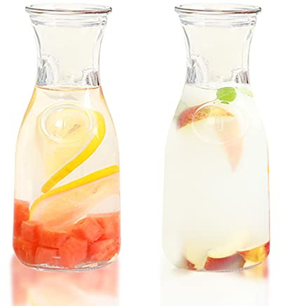 2 Pcs Glass Carafe with Lids, 1 Liter Juice Containers with Lids for Fridge Clear Mimosa Bar Beverage Pitcher for Water, Juice, Milk, Lemonade