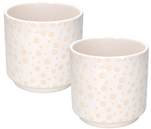 KOTARBAU® 2 x Maceta cilíndrica de cerámica esmaltada, Ø12 cm, Tiesto Decorativo para Flores y Plantas, Macetero Redondo para Interiores, Minimalista, Blanco, Acabado Brillante, Patrón Lunares, 2 UDS