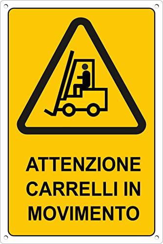 pubblimania CARRELLI IN MOVIMENTO in alluminio composito 3 mm di spessore. Cartello in metallo attenzione pericolo (Cm 30x40, Carrelli in Movimento)