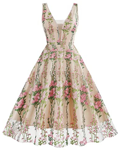 Wellwits Women's Plunge V Neck Floral Embroidery Mesh Forest Princess Cocktail Formal Evening Vintage Dress Pink Apricot L