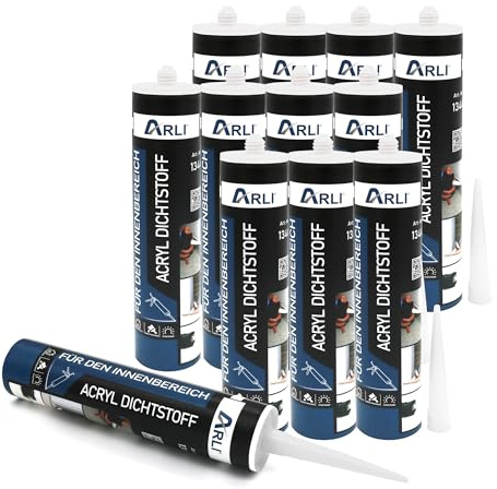 12x ARLI Acryl Maleracryl Dichtstoff 310ml weiß Universal Bauacryl Fugenmasse überstreichbar für Anschlussfugen Fugen Risse Fenster Türen Putz Beton Holz Wand Dichtmasse innen außen (12 Kartuschen)
