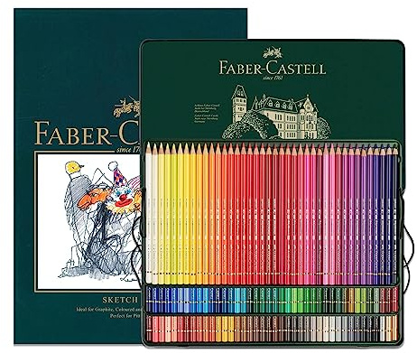 Faber-Castell A4 Skizzenblock & Dose mit 120 Polychromos Künstlerstiften, Kunstset Erwachsene Malbücher, Bastelbedarf, Zeichnen, Skizzieren, lichtecht, Schulen, Zuhause, College