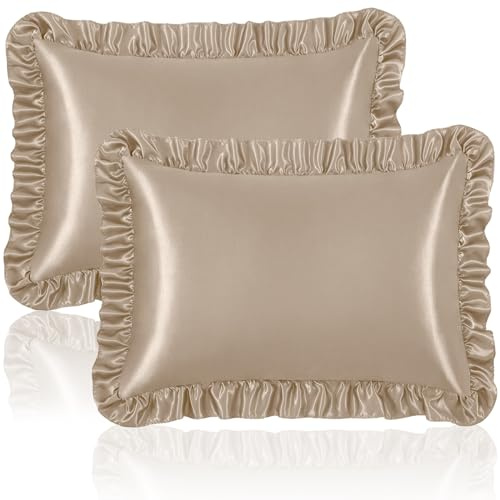 Homiest - Set di 2 federe in raso con volant, per capelli e pelle, queen size, effetto seta, con chiusura a busta, anti-pieghe (grigio talpa)